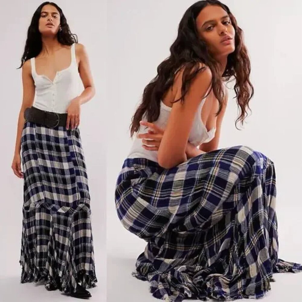 Free People FP One Bordeaux Plaid Maxi Skirt Tiered Size M Bohemian Grunge Punk
